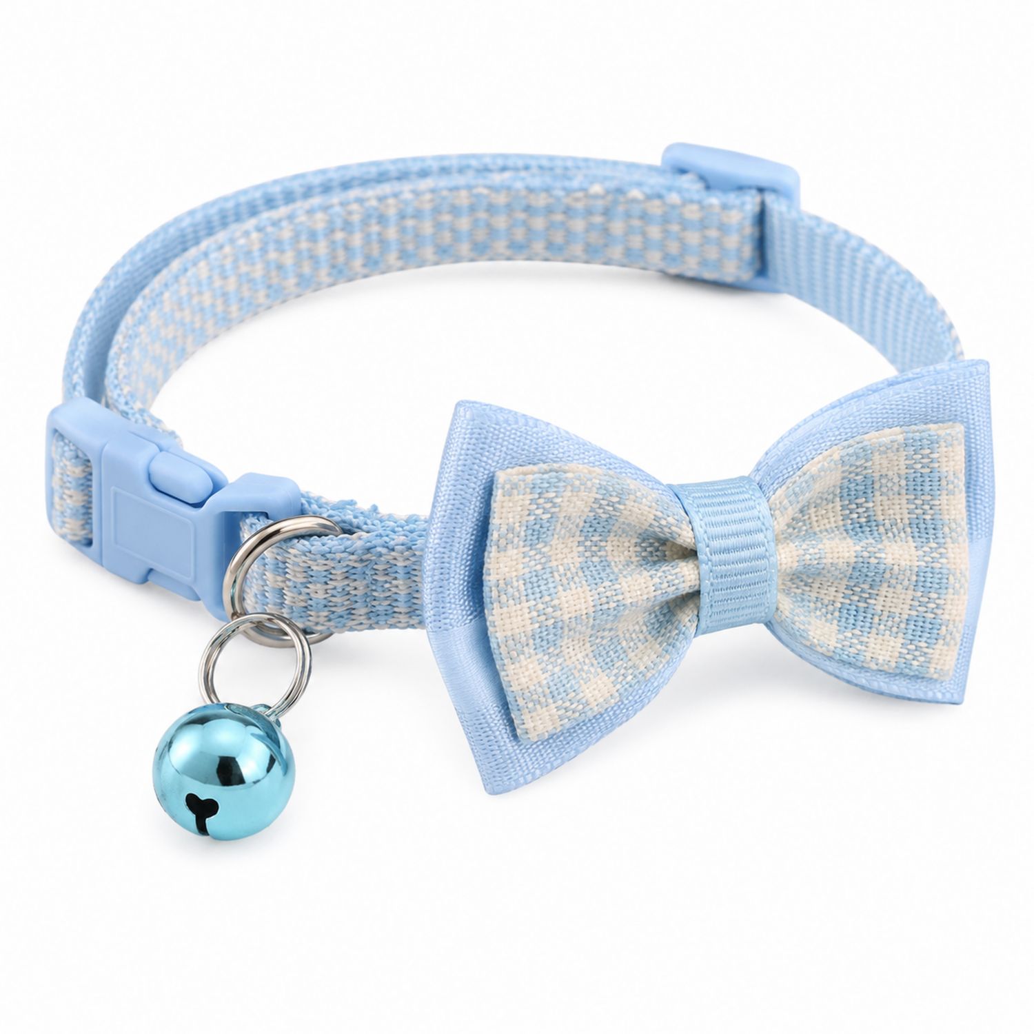 Collar para Gatos con Lazo Cuadros y Cascabel Azul Claro