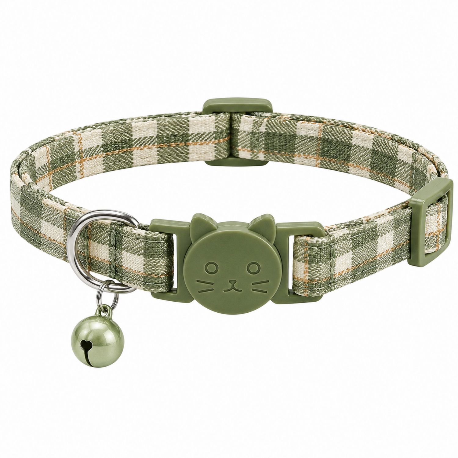 Collar ajustable para gato con campana a cuadros verde y blanco
