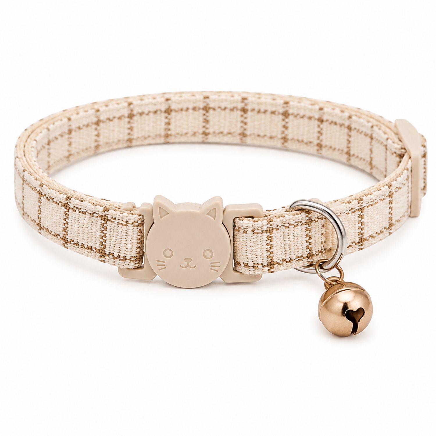 Collar Ajustable para Gato con Campana Beige y Cuadros