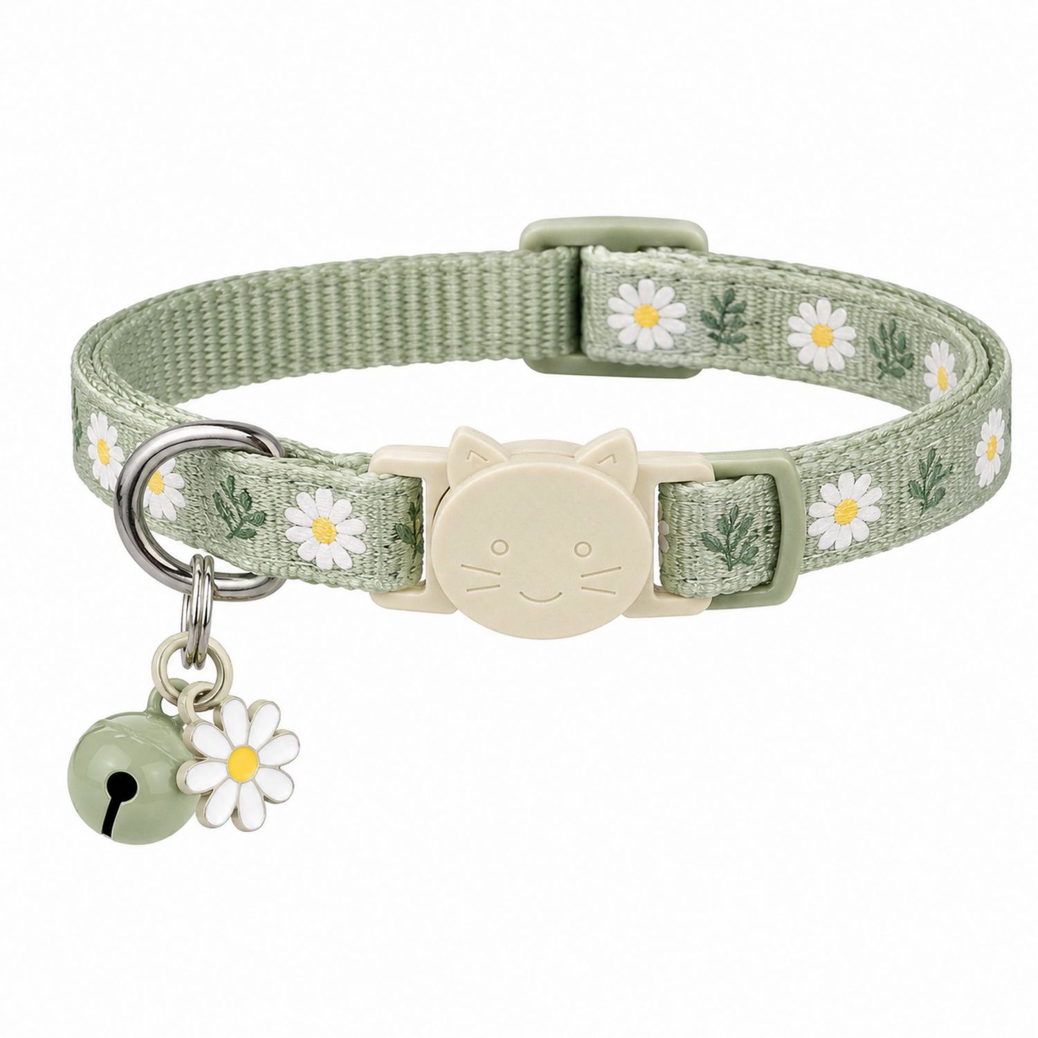 Collar para Gatos con Margaritas y Cascabel en Color Verde