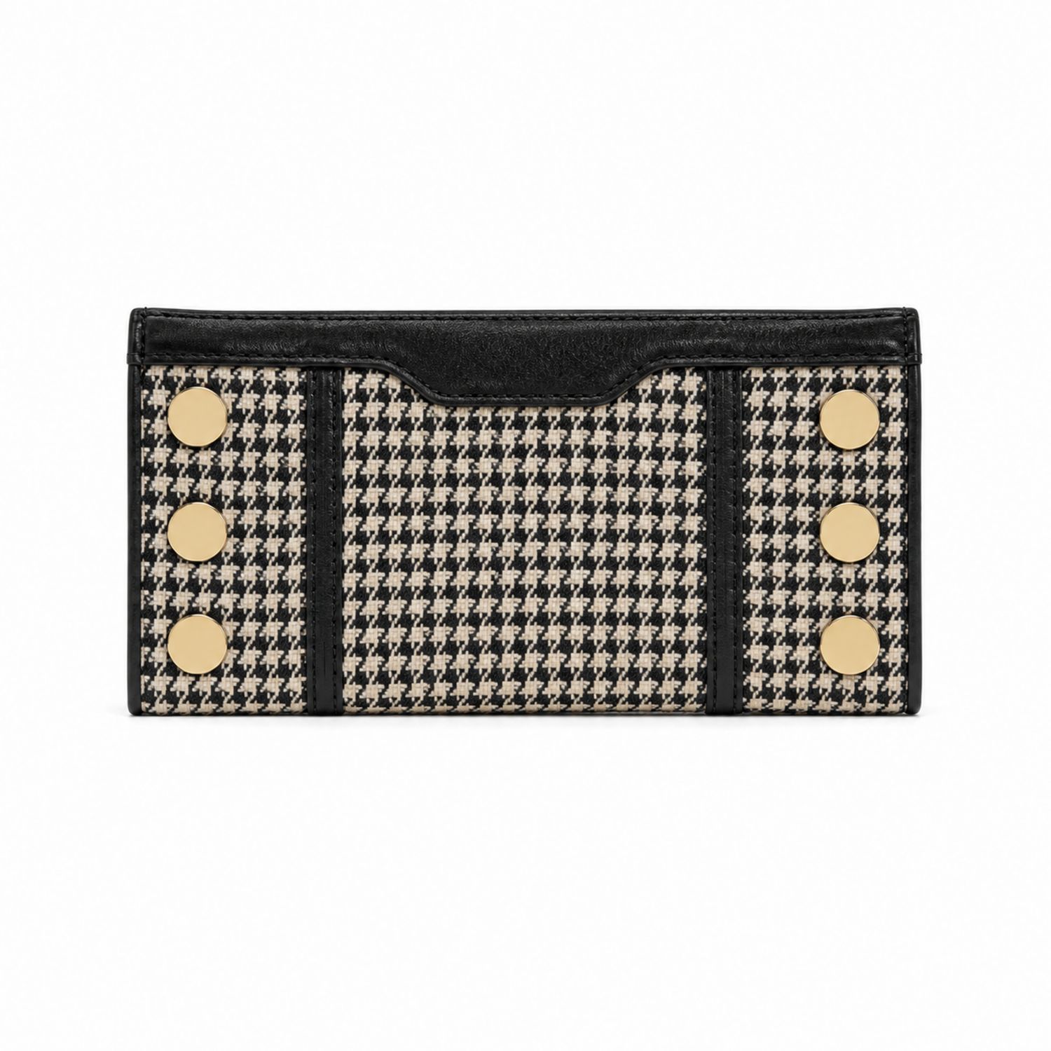 Porte-cartes motif pied-de-poule noir et beige avec boutons dorés