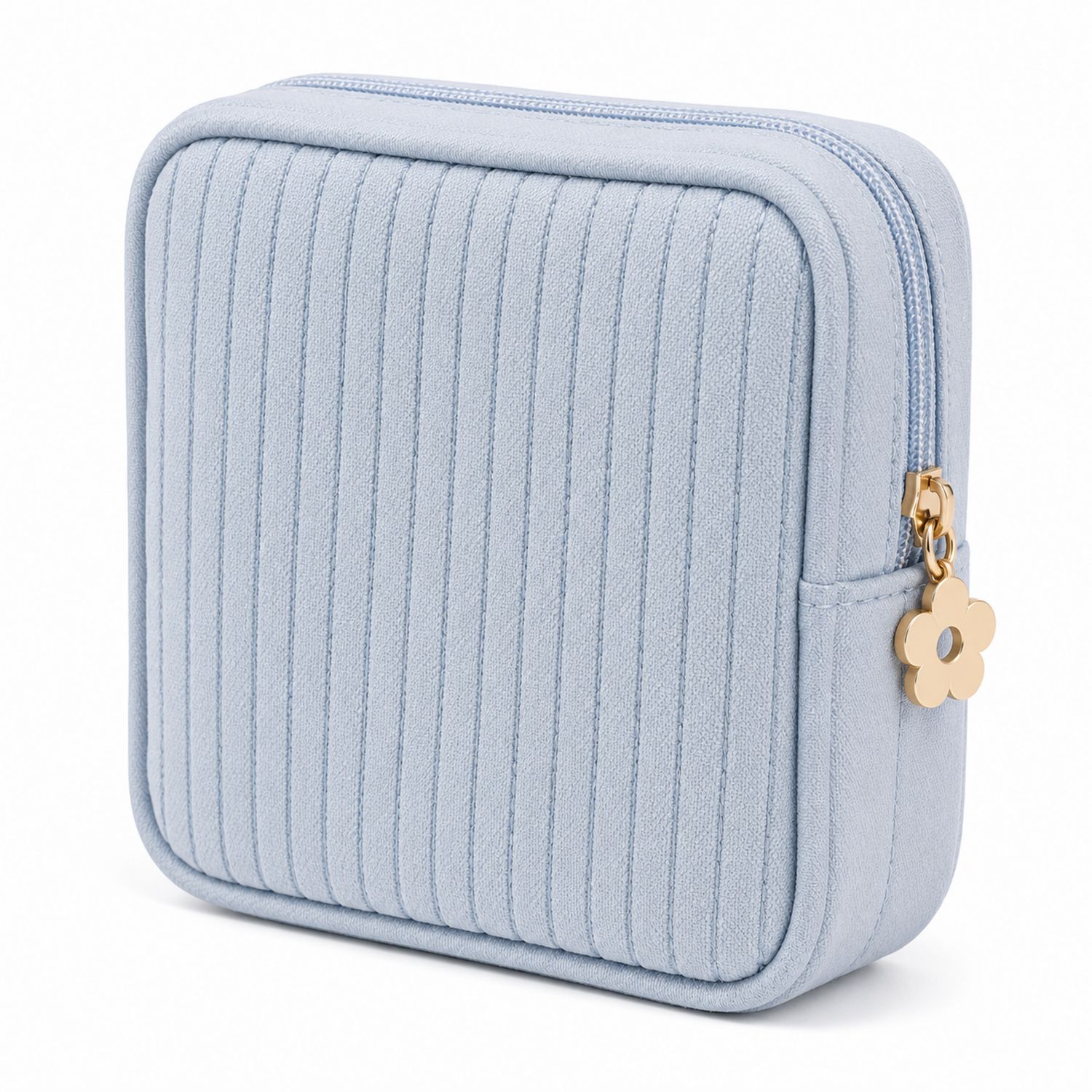 Pochette cosmétique bleu clair à rayures et fermeture zippée