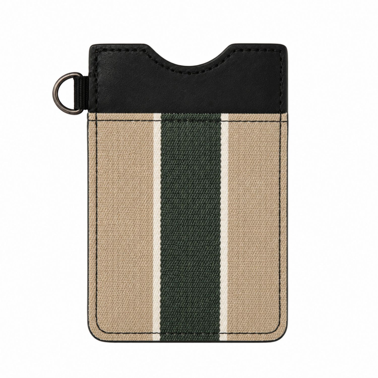 Porte-cartes rayé beige et noir avec bande centrale verte