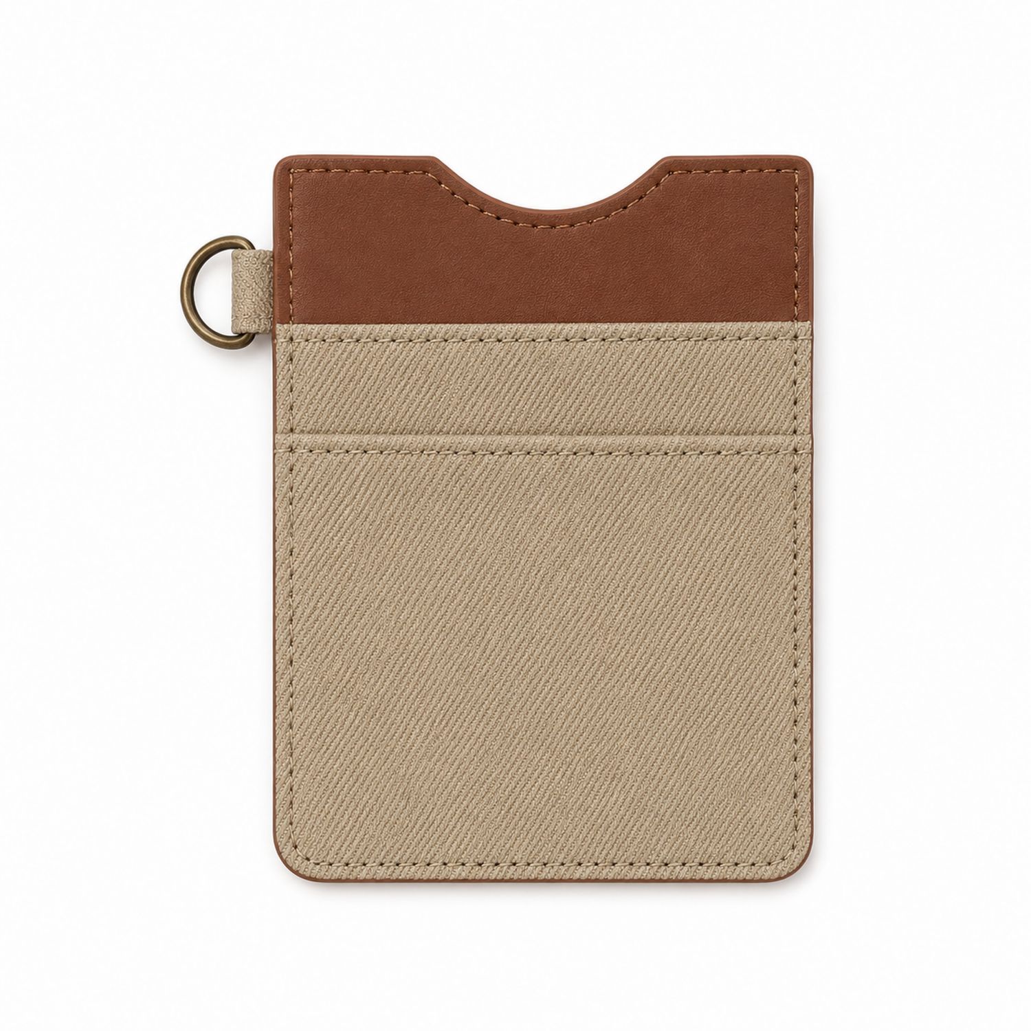 Porte-cartes en toile beige et marron avec anneau