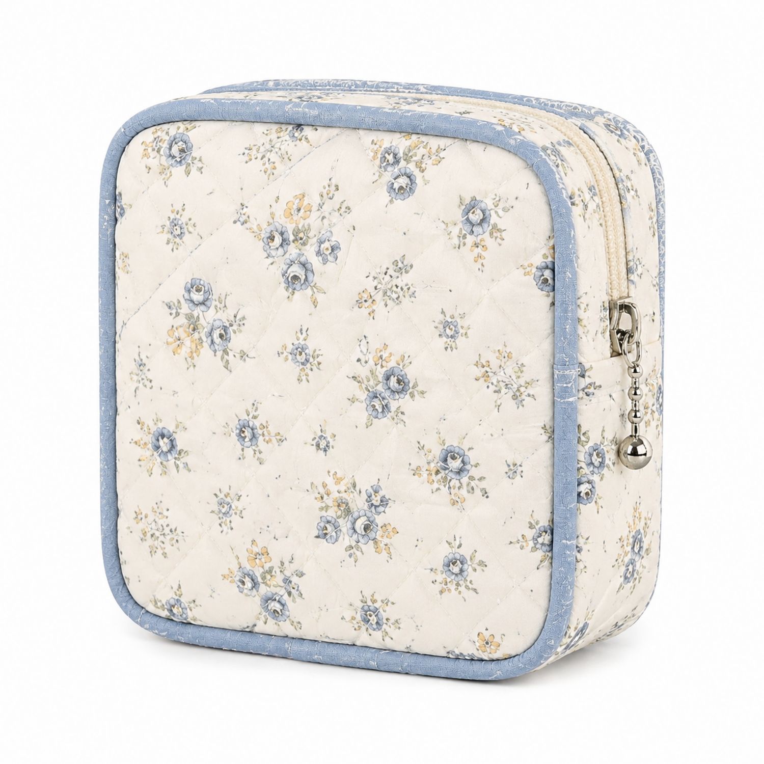 Trousse de Toilette Carrée à Motif Floral Bleu et Beige