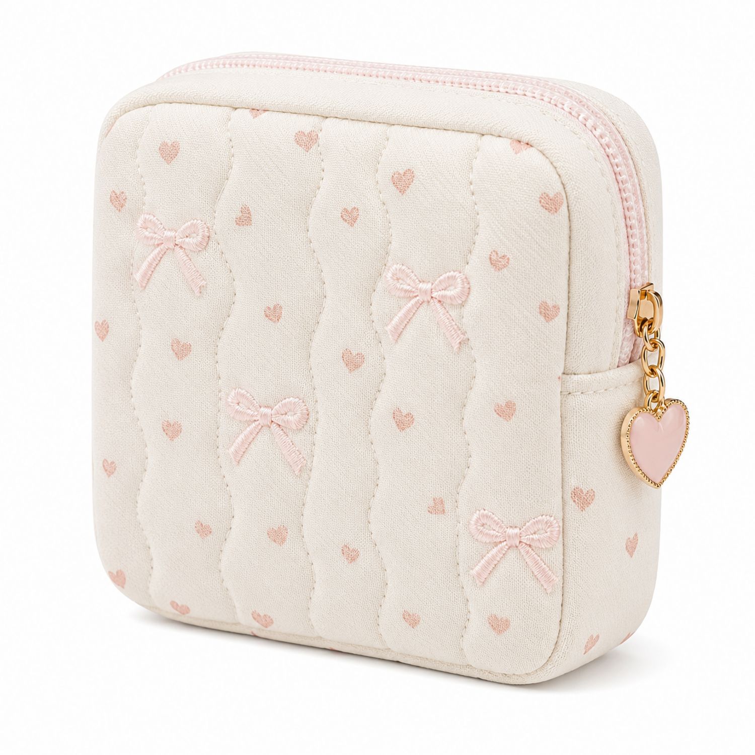 Trousse de Maquillage Beige avec Motifs de Noeuds et Coeurs