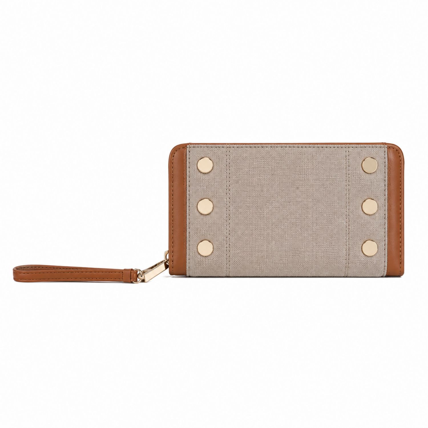 Portefeuille en toile beige avec bordures marron et détails dorés