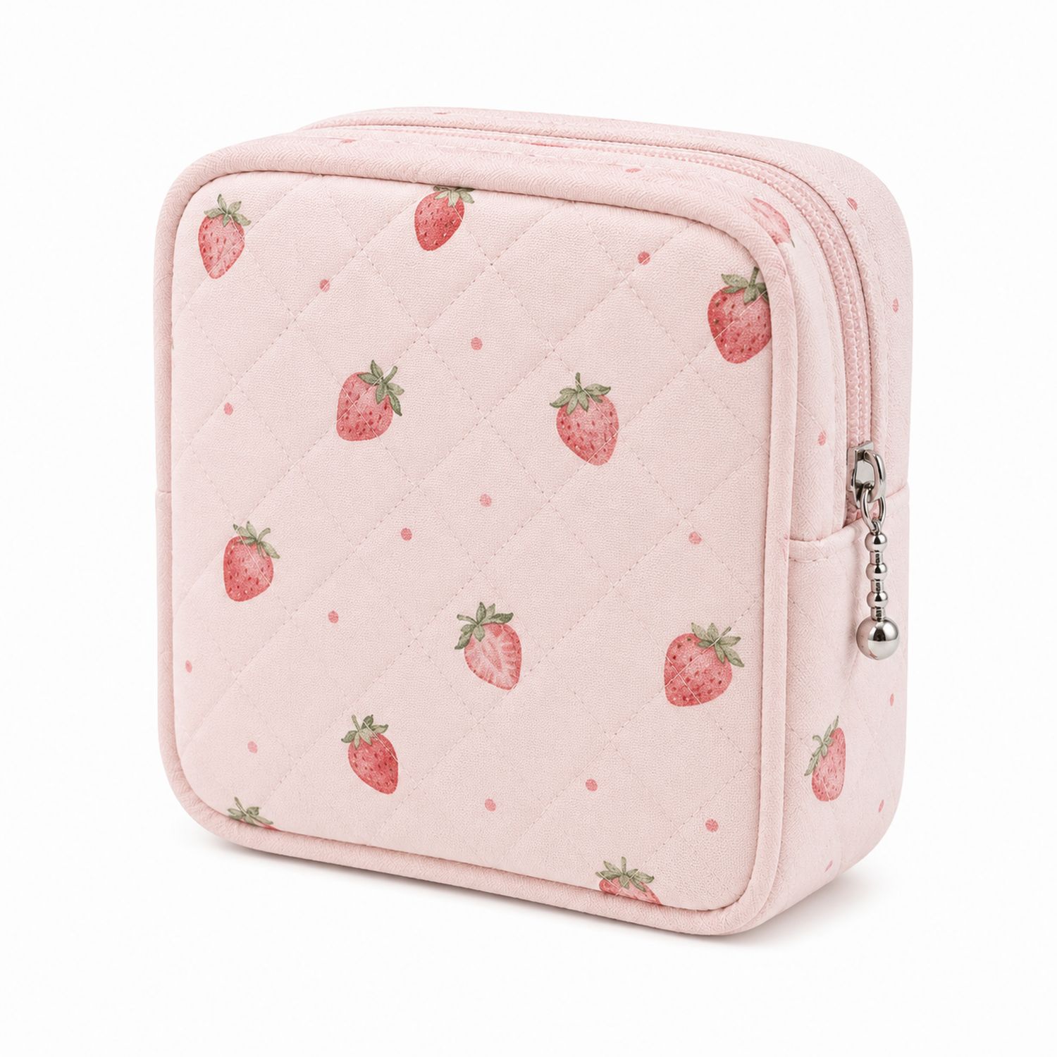 Trousse de maquillage matelassée motif fraises rose