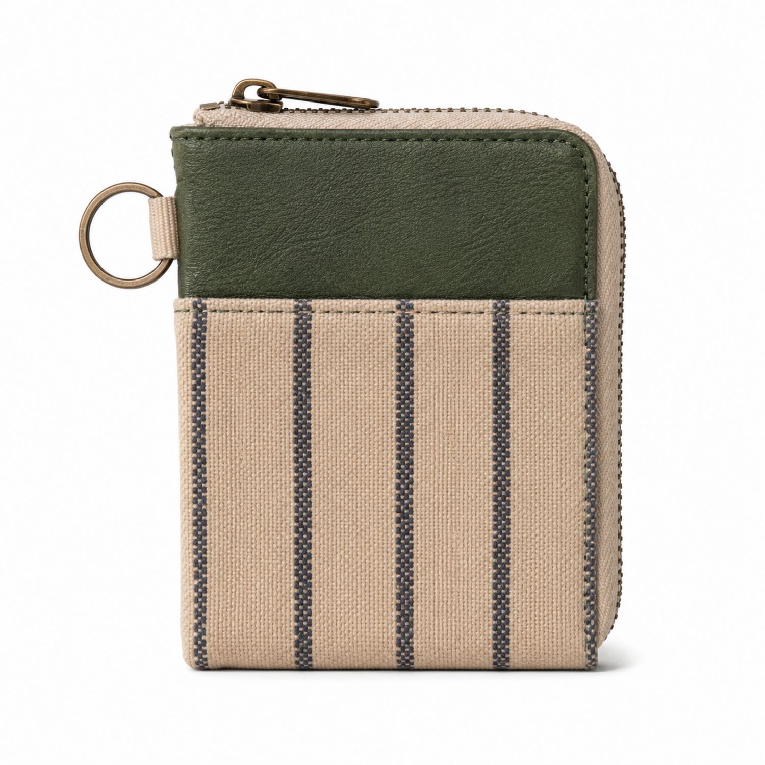 Porte-monnaie compact rayé vert et beige avec fermeture éclair