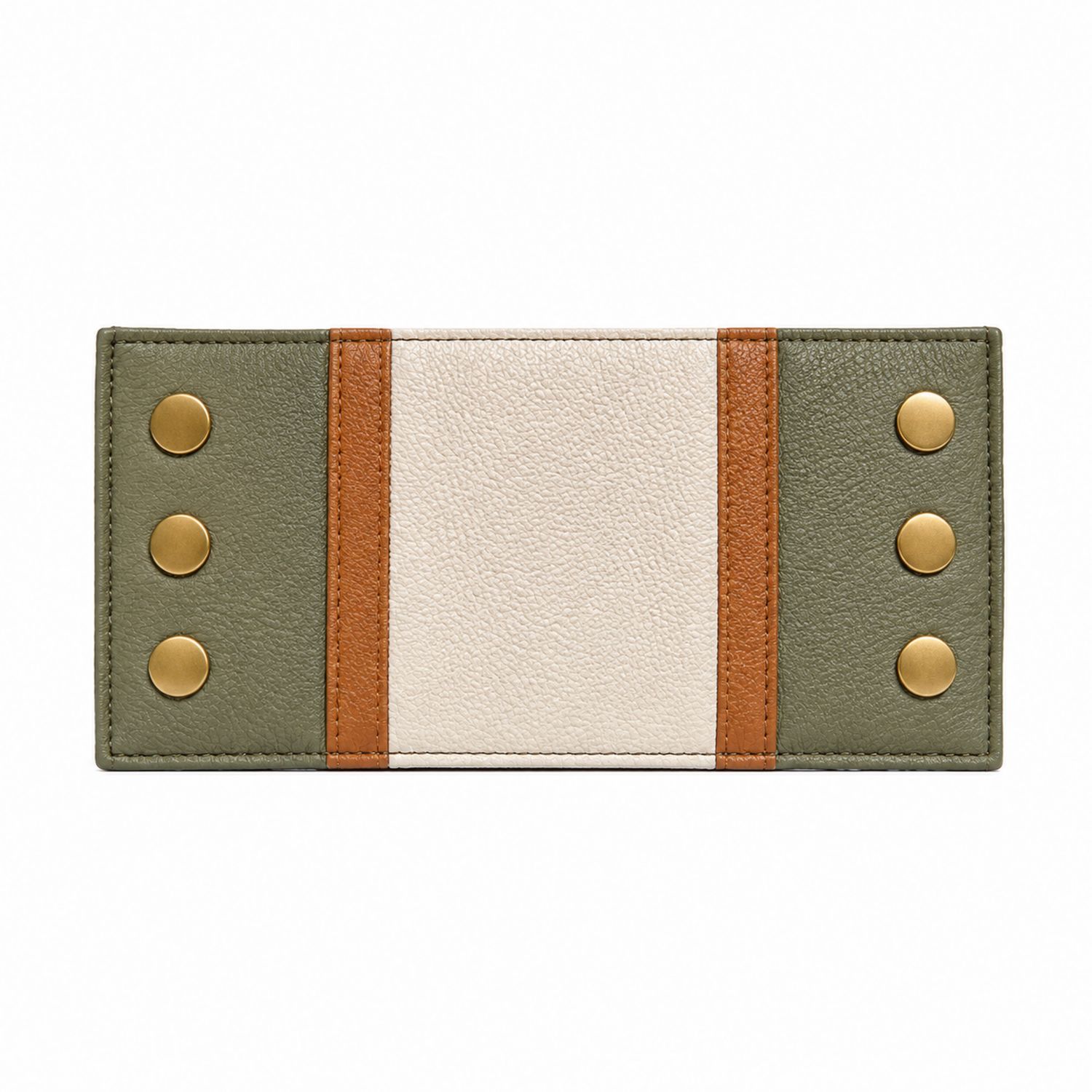 Portefeuille rectangulaire vert kaki, beige et marron avec boutons dorés