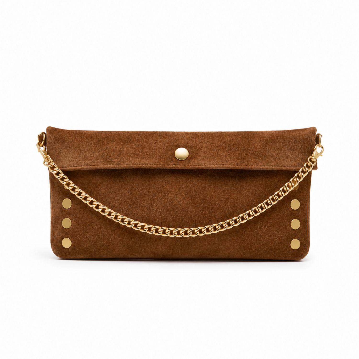 Pochette en daim marron avec chaîne dorée