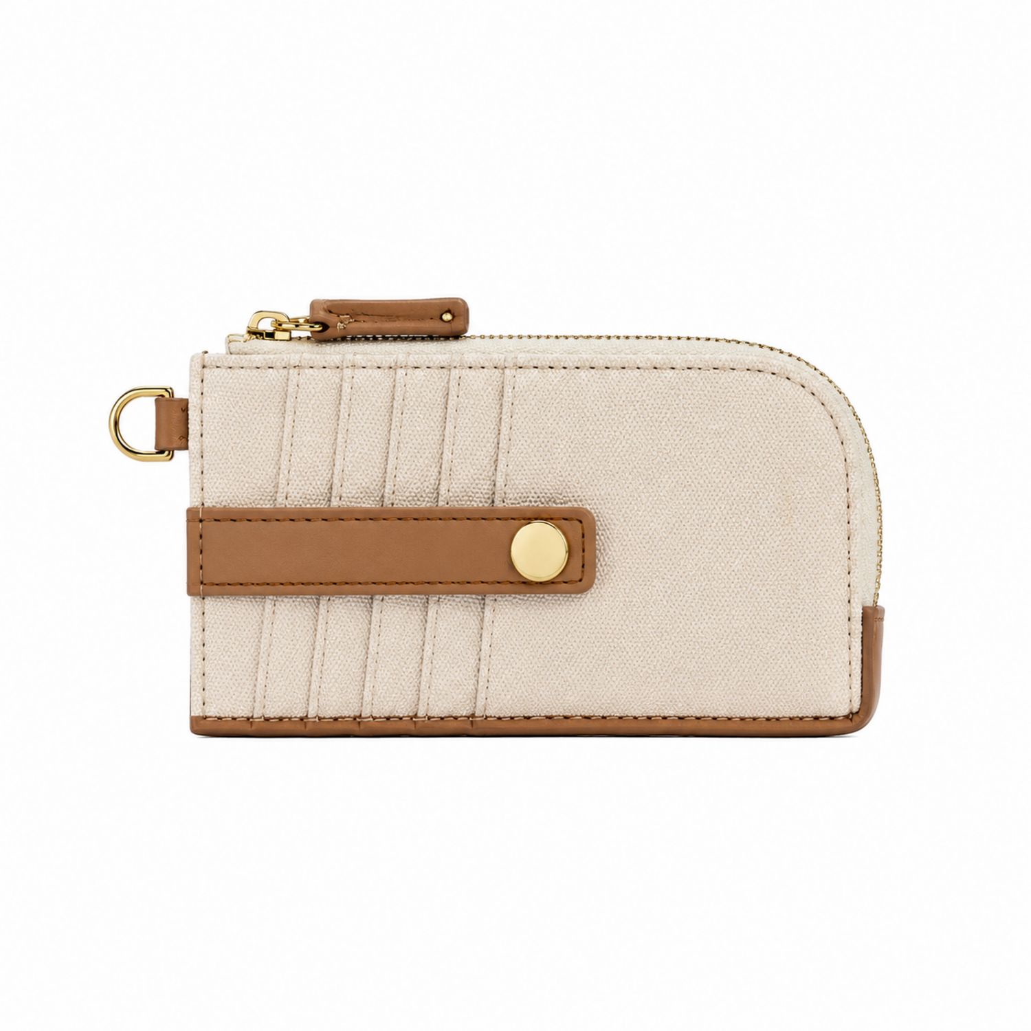 Porte-cartes en toile beige avec fermeture éclair et détail en cuir marron