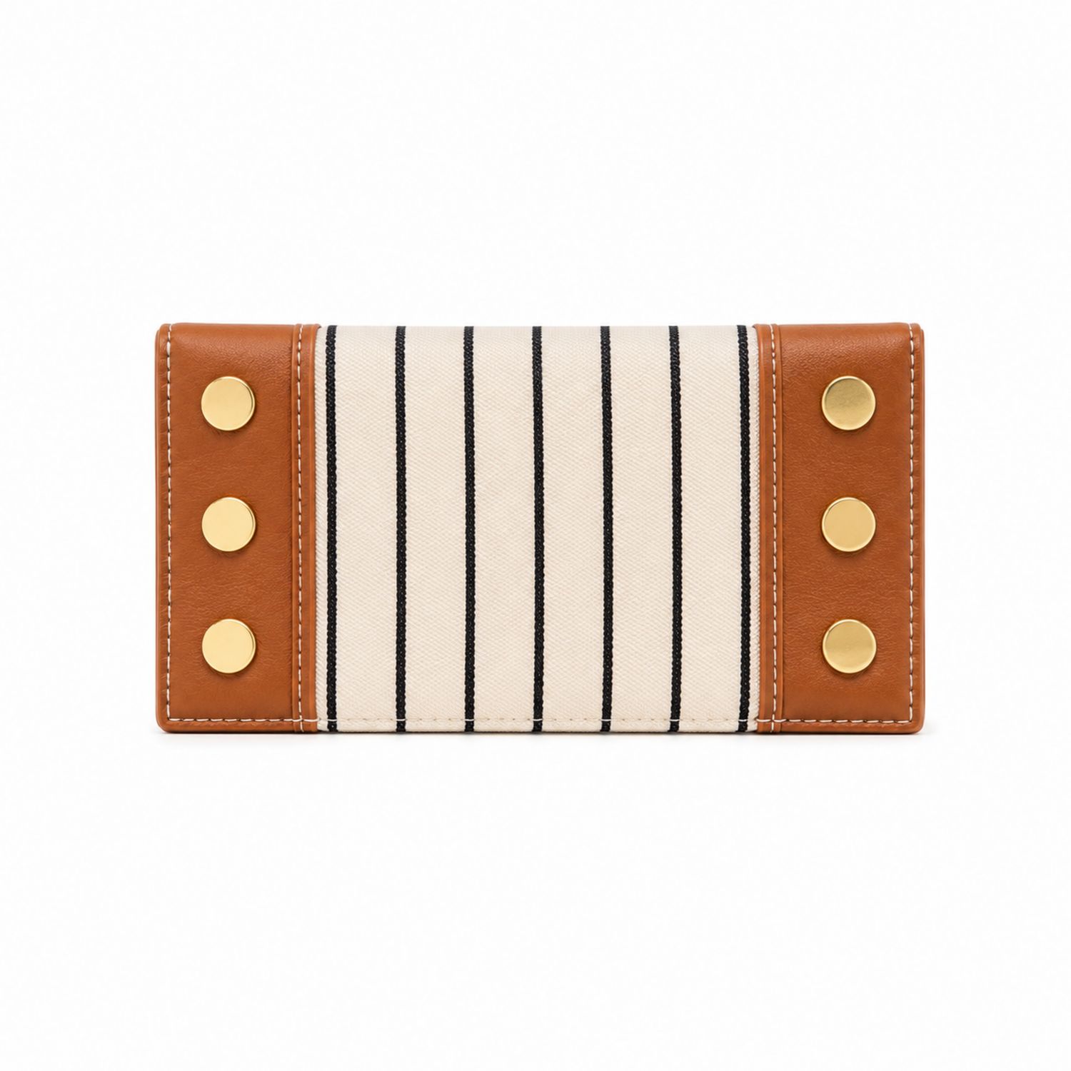 Porte-monnaie élégant avec rayures et boutons dorés - Marron/Crème/Noir