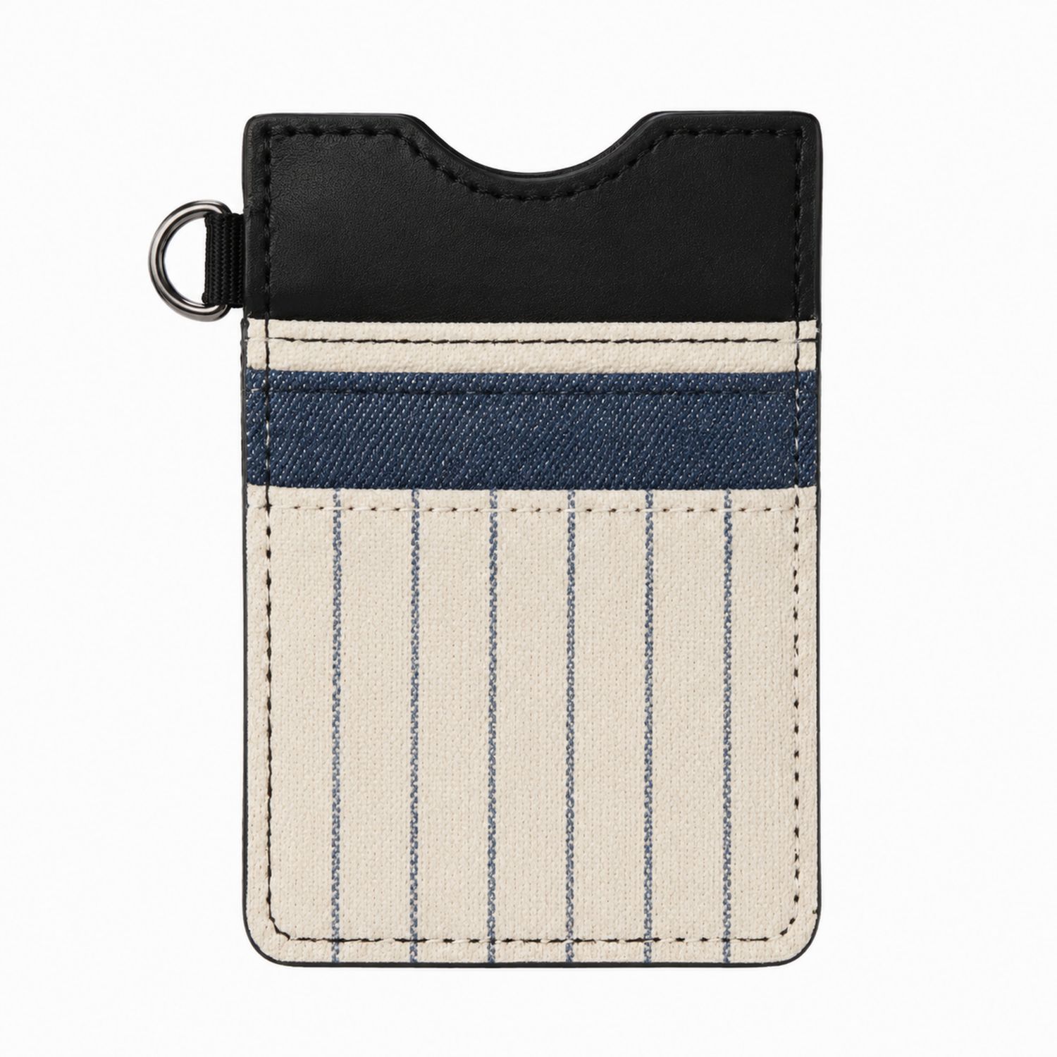 Porte-cartes vertical rayé noir et beige avec anneau