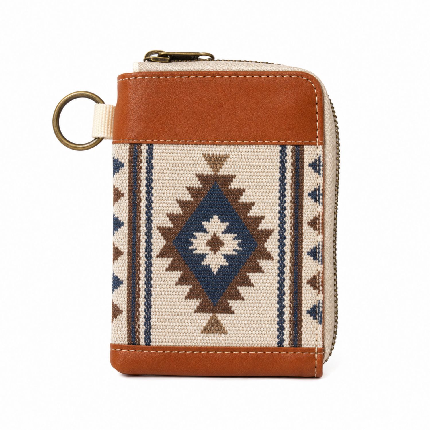 Porte-monnaie compact zippé avec motif géométrique ethnique beige et marron