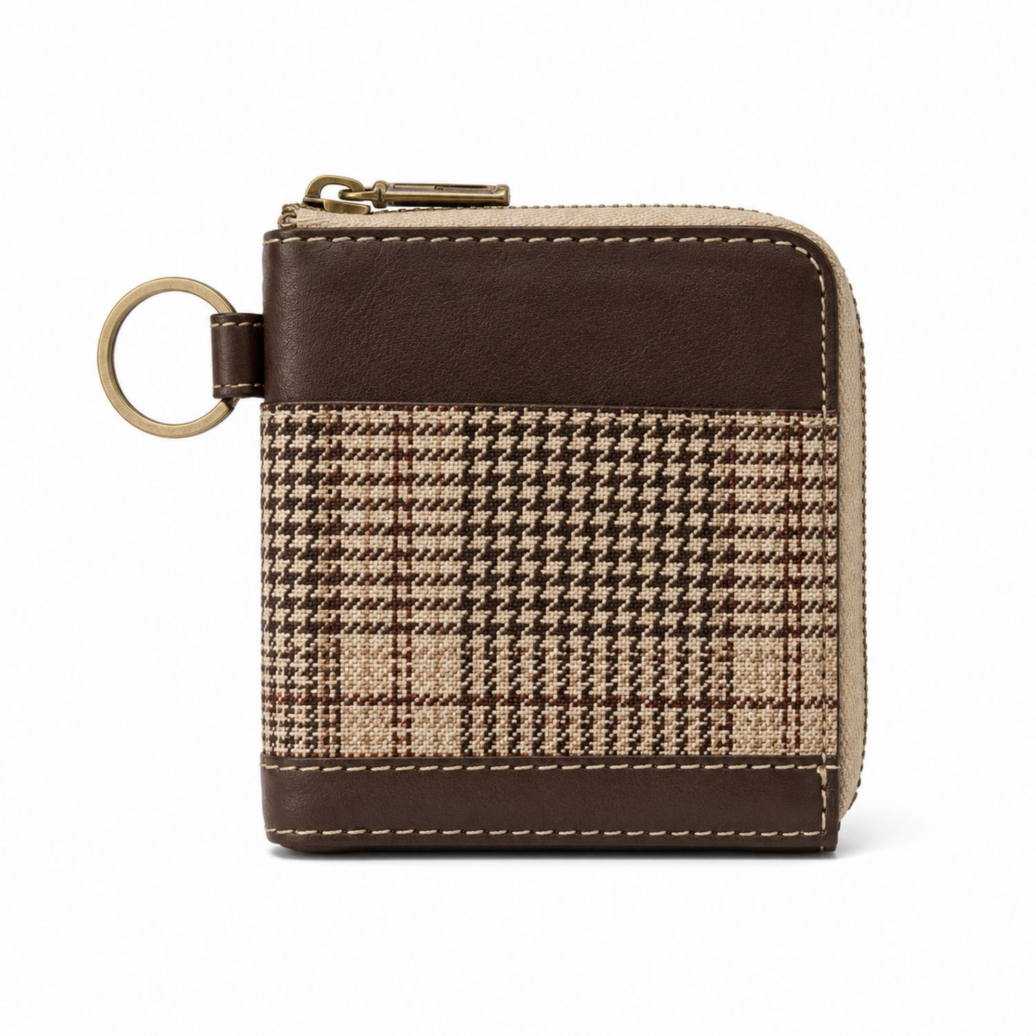 Portefeuille carré motif pied-de-poule marron et beige