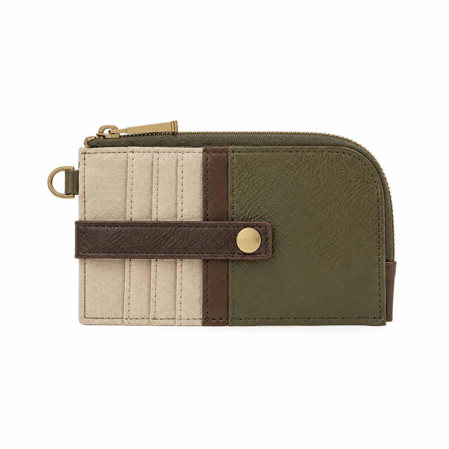 Porte-Monnaie en Cuir et Toile Vert et Beige avec Fermeture Éclair