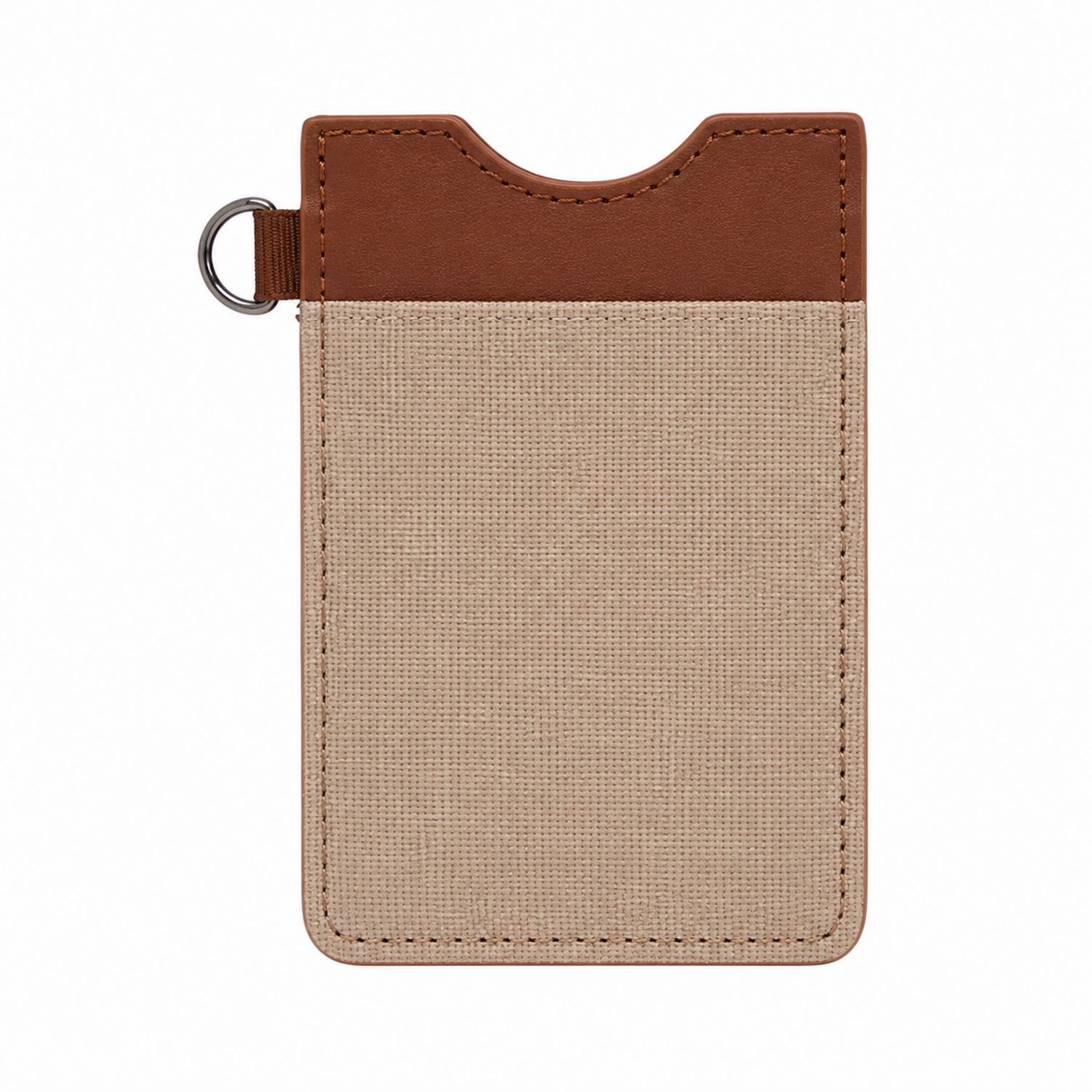Porte-cartes en toile beige et cuir marron avec anneau