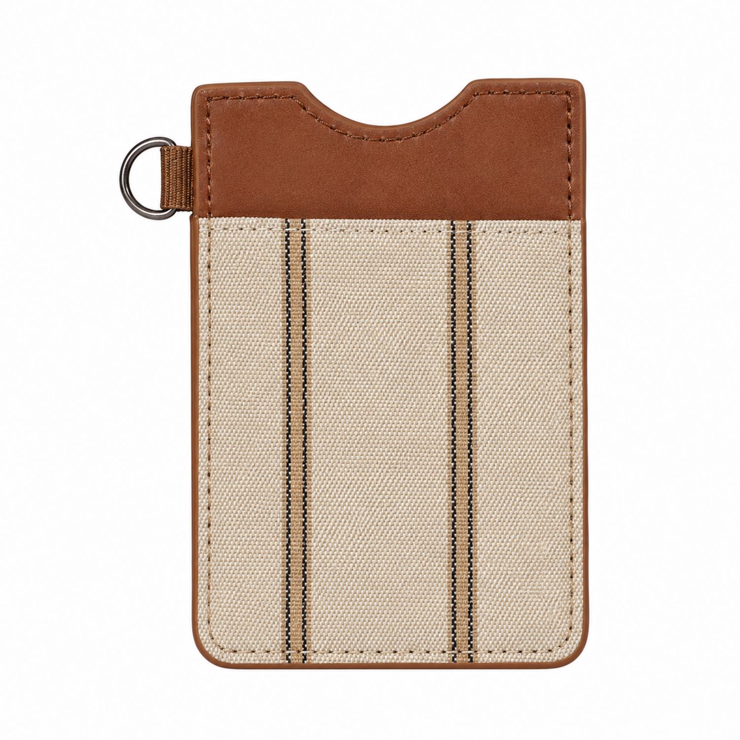 Porte-Cartes Rayé en Tissu Beige et Cuir Marron