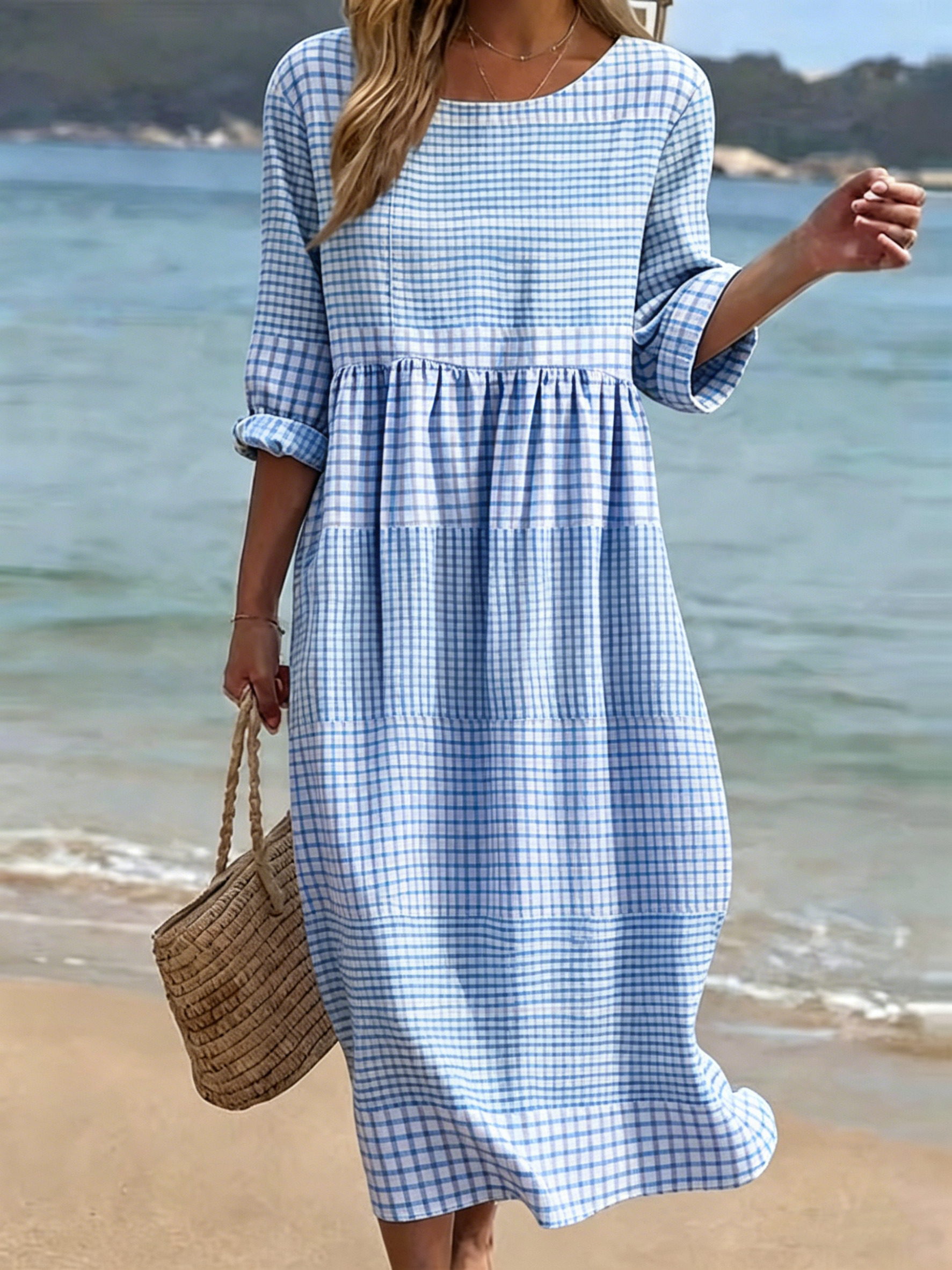 🔥 Nouveauté – Robe coton-lin, imprimé, col rond, manches mi-longues, coupe décontractée