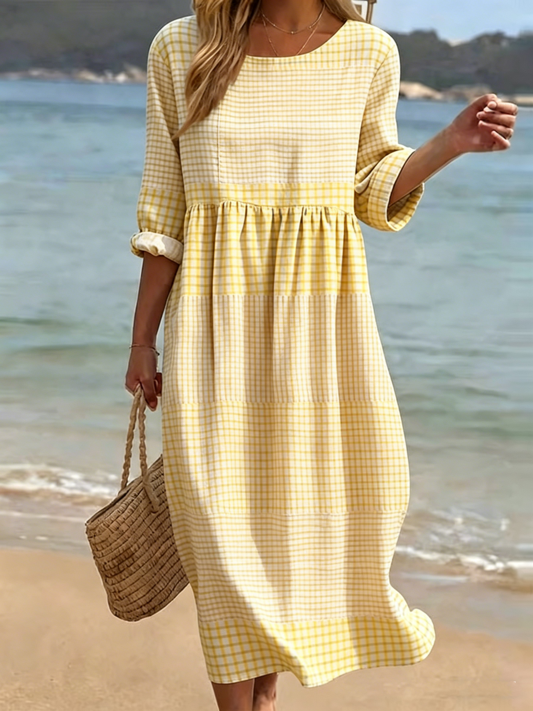 🔥 Nouveauté – Robe coton-lin, imprimé, col rond, manches mi-longues, coupe décontractée