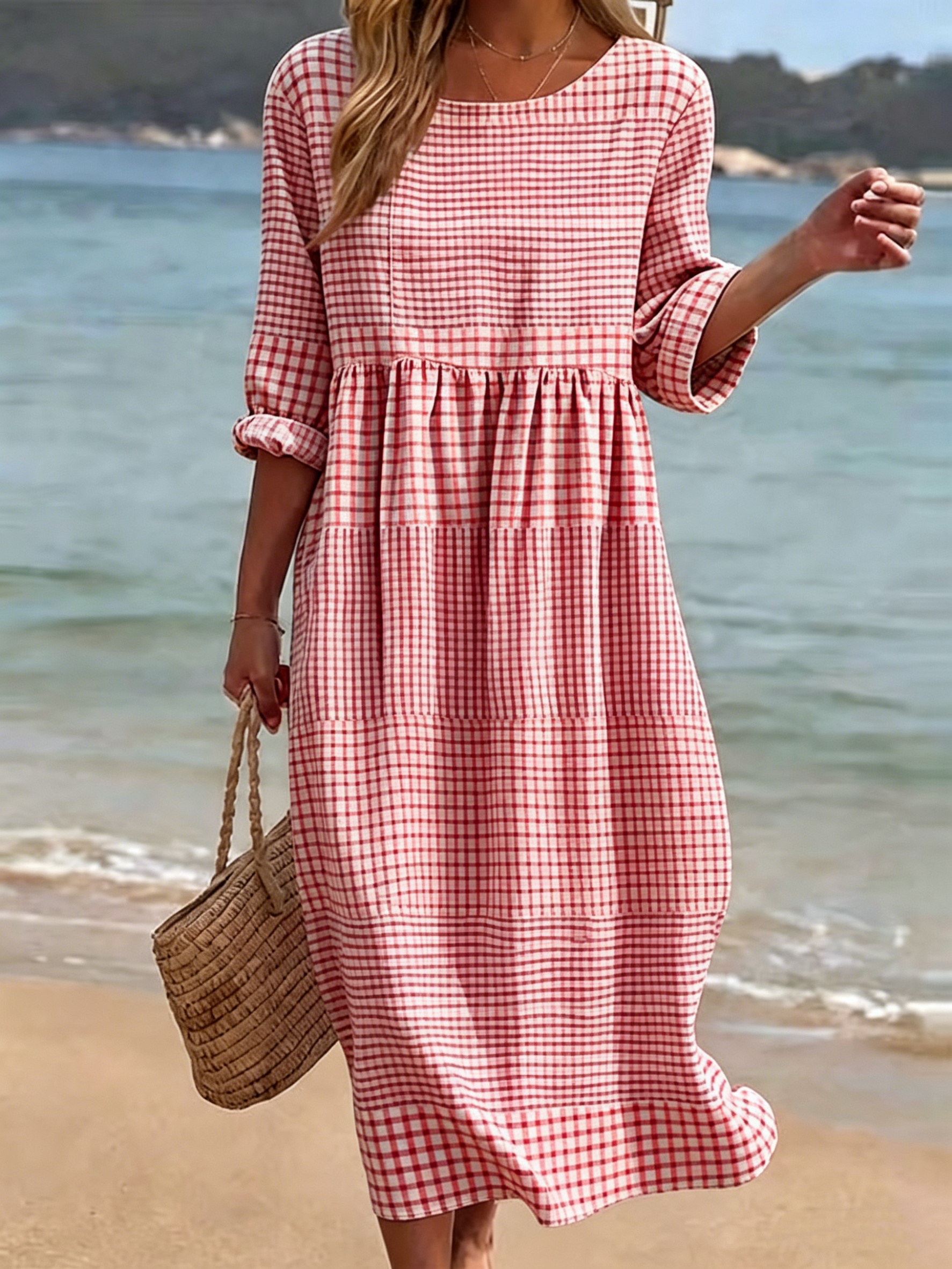 🔥 Nouveauté – Robe coton-lin, imprimé, col rond, manches mi-longues, coupe décontractée