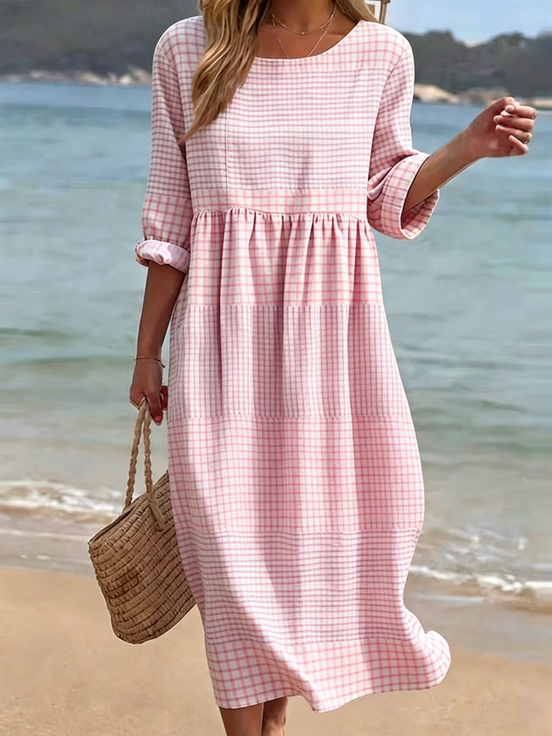 🔥 Nouveauté – Robe coton-lin, imprimé, col rond, manches mi-longues, coupe décontractée