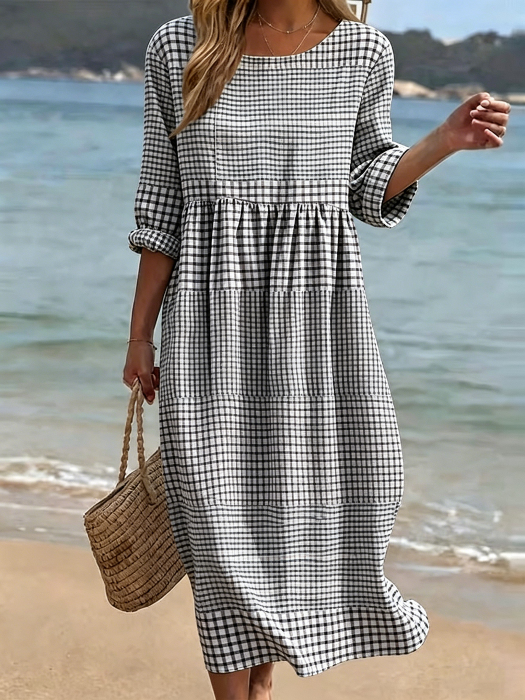 🔥 Nouveauté – Robe coton-lin, imprimé, col rond, manches mi-longues, coupe décontractée