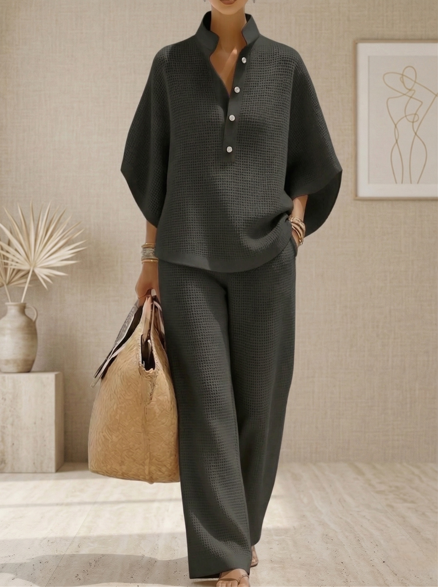 🔥 Nouveauté – Ensemble 2 pièces gaufré, chemise décontractée + pantalon large