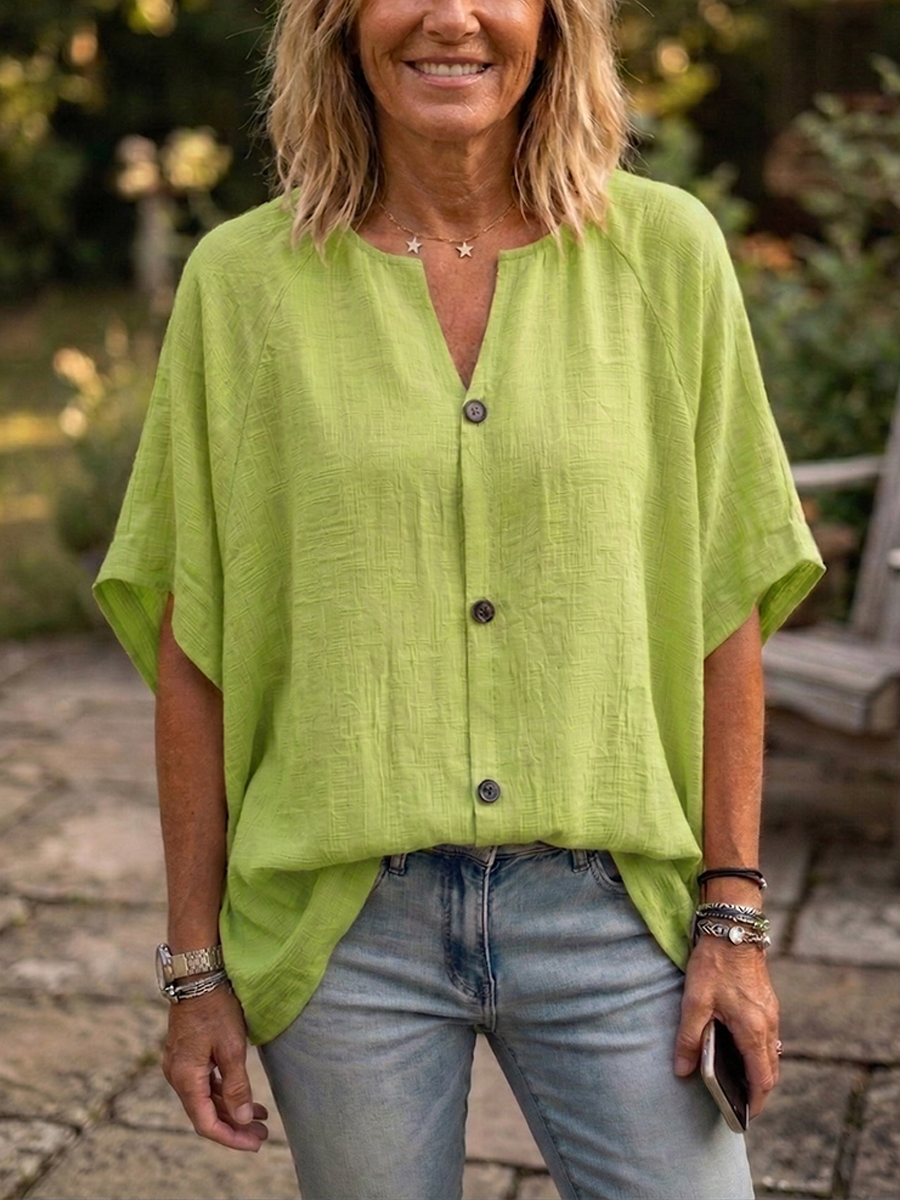 Nouveautés🔥 Blouse femme en coton lin à col Claudine et manches chauve-souris