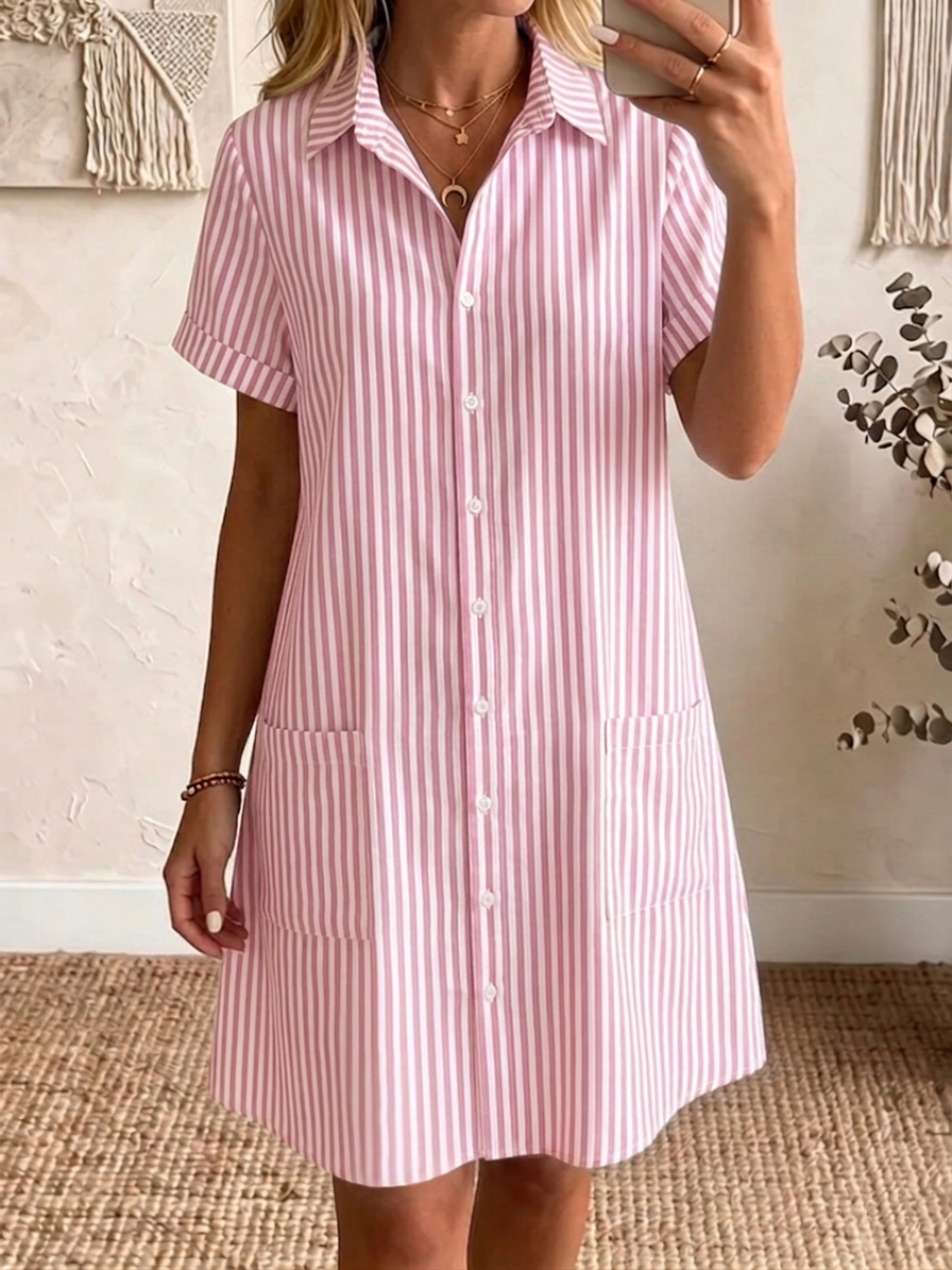 🔥 -49 % aujourd'hui – Robe chemise coton-lin, col classique, rayée, coupe confortable