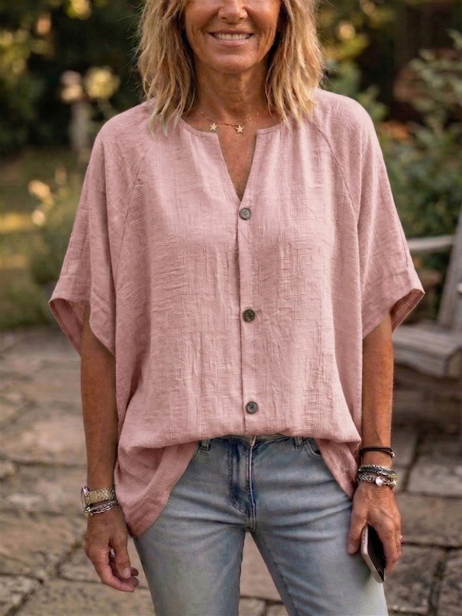 Nouveautés🔥 Blouse femme en coton lin à col Claudine et manches chauve-souris