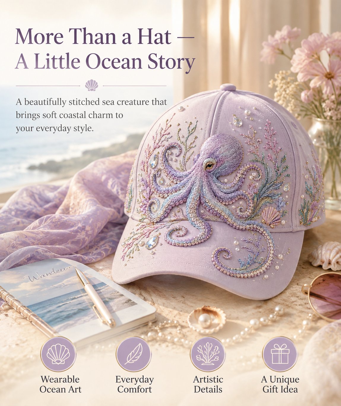 🌊 Casquette 3D brodée – Créatures marines | Perles & cristaux, taille ajustable – Plage, voyage & quotidien
