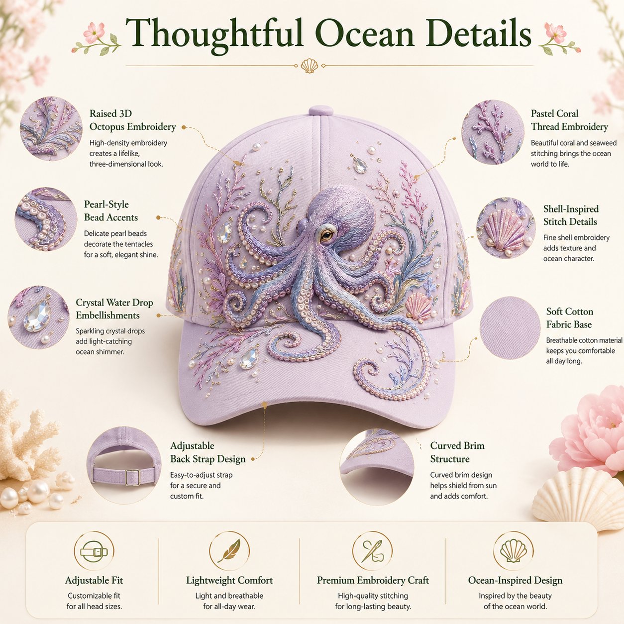 🌊 Casquette 3D brodée – Créatures marines | Perles & cristaux, taille ajustable – Plage, voyage & quotidien