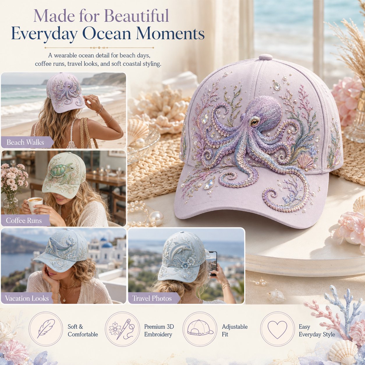 🌊 Casquette 3D brodée – Créatures marines | Perles & cristaux, taille ajustable – Plage, voyage & quotidien