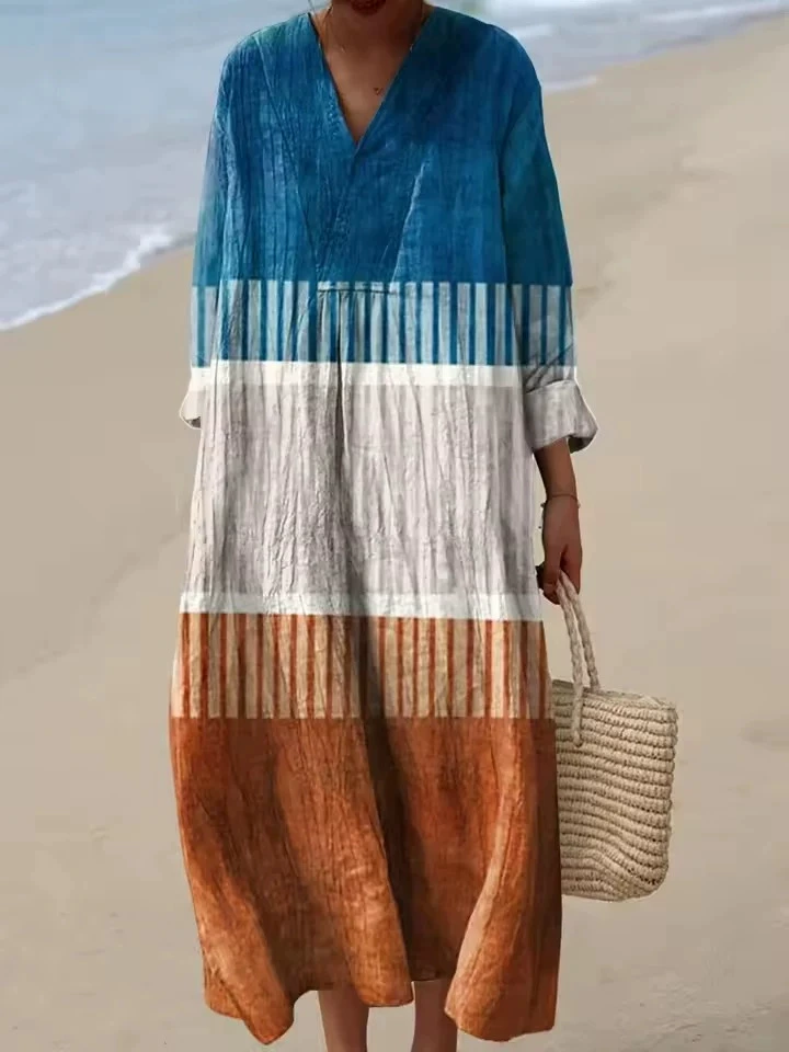 ❤️ Fête des Mères – Robe midi coton-lin, col V, motifs patchwork