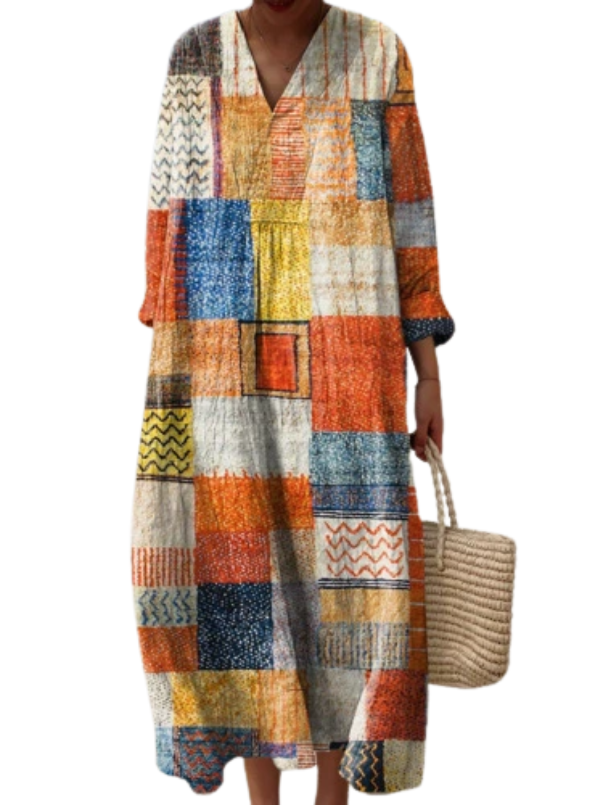 ❤️ Fête des Mères – Robe midi coton-lin, col V, motifs patchwork