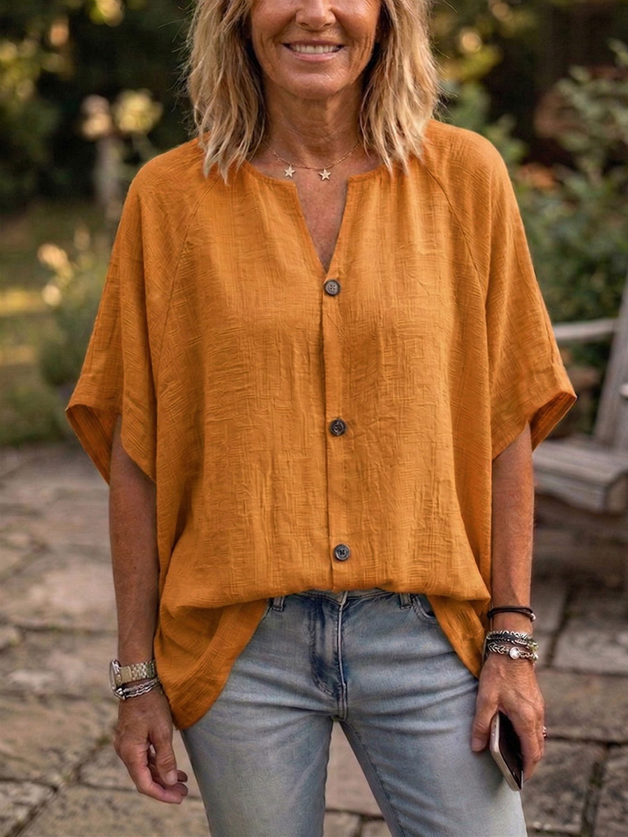 Nouveautés🔥 Blouse femme en coton lin à col Claudine et manches chauve-souris