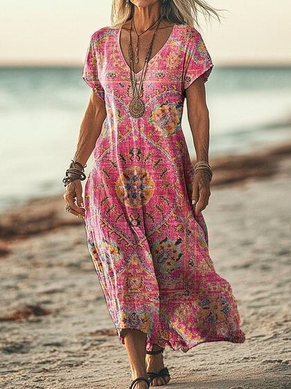 Robe décontractée femme à manches courtes, imprimé floral printanier et col V