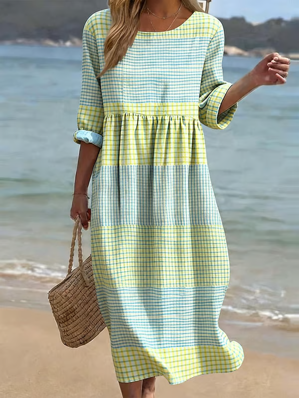 🔥 Nouveauté – Robe coton-lin, imprimé, col rond, manches mi-longues, coupe décontractée