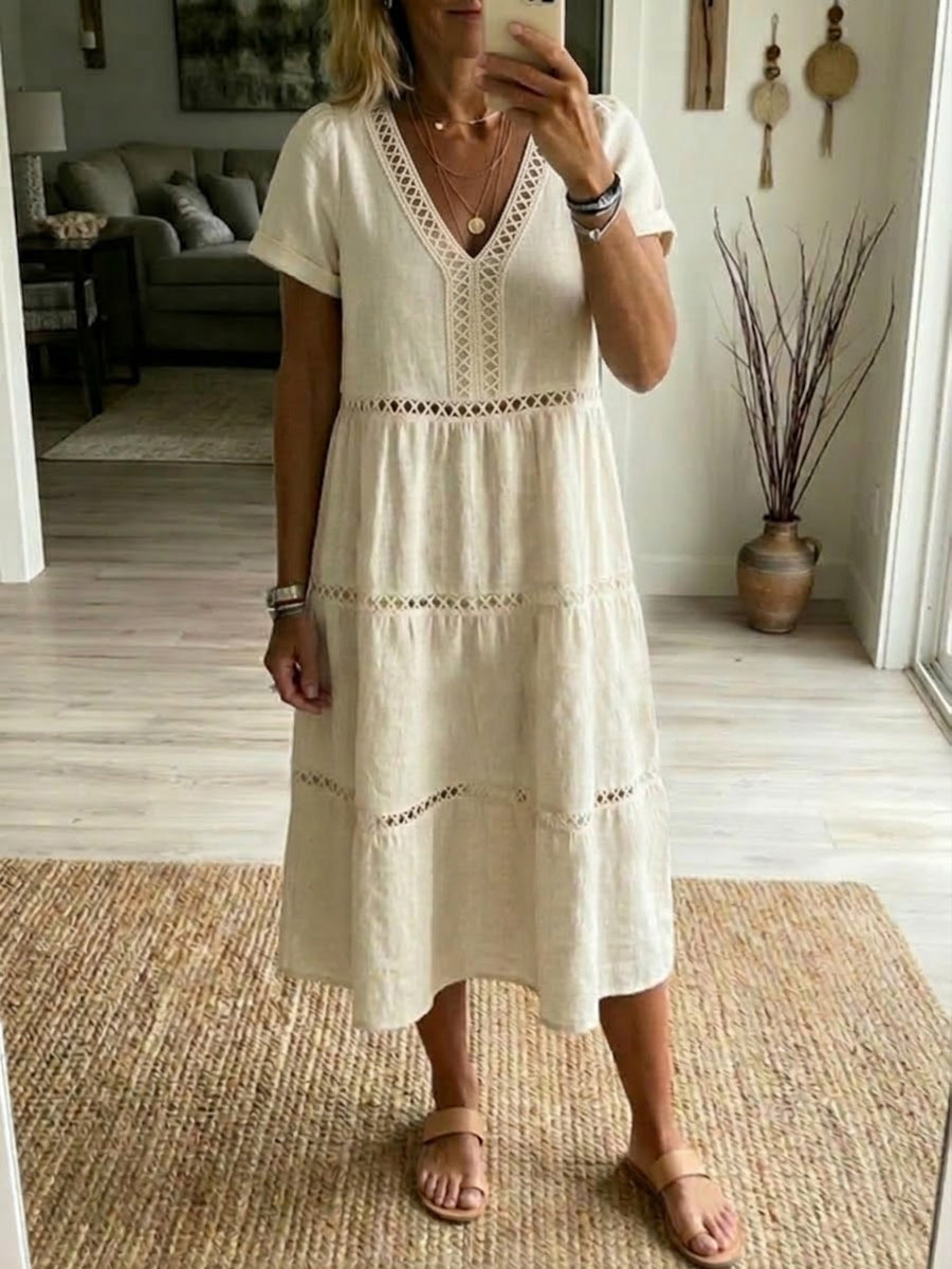 🌷🌷Robe Femme Lin Coton Décontractée – Patchwork Découpé Ruban