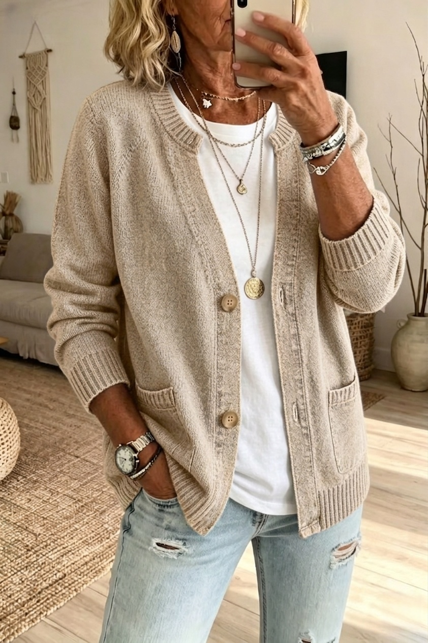 🔥 Nouveauté – Cardigan femme col V, boutonné, maille douce