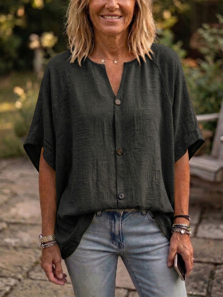 Nouveautés🔥 Blouse femme en coton lin à col Claudine et manches chauve-souris