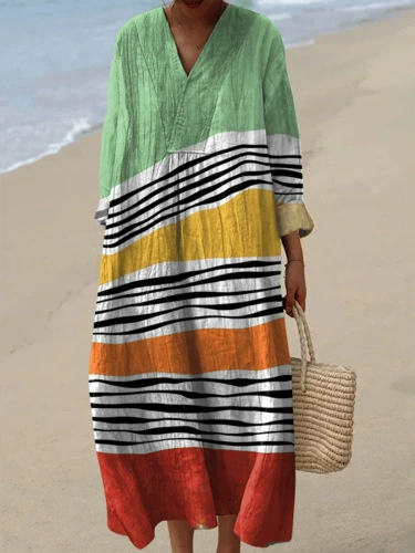 ❤️ Fête des Mères – Robe midi coton-lin, col V, motifs patchwork