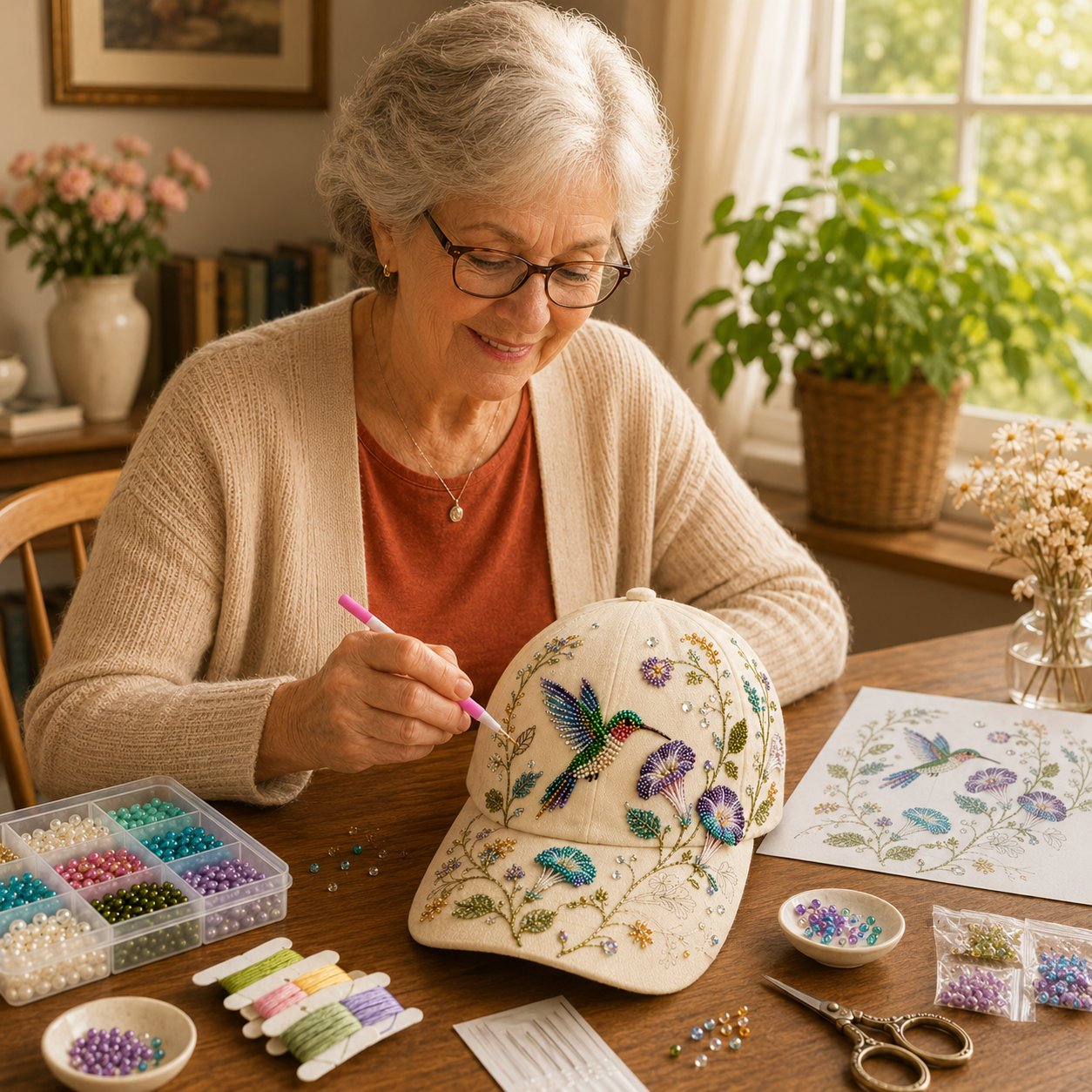 🧢🌸 Kit DIY Chapeau de Jardin Colibri Premium | Toile luxe, perles anti-rayures indécolorables🌿🪡✨