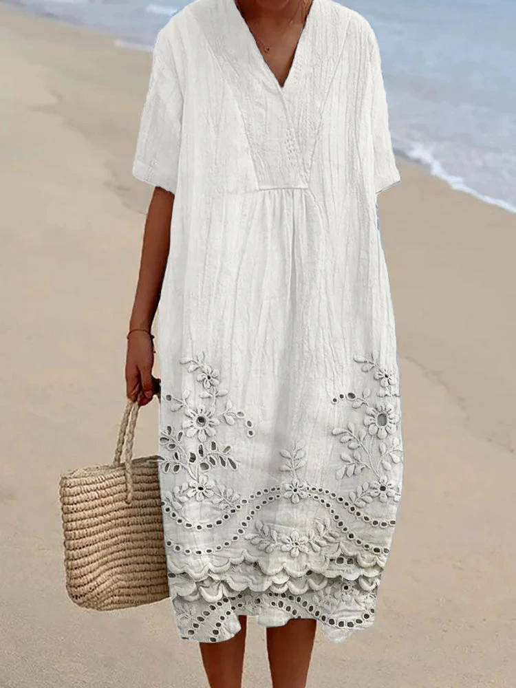 ❤️ Fête des Mères – Robe midi coton-lin, col V, motifs patchwork