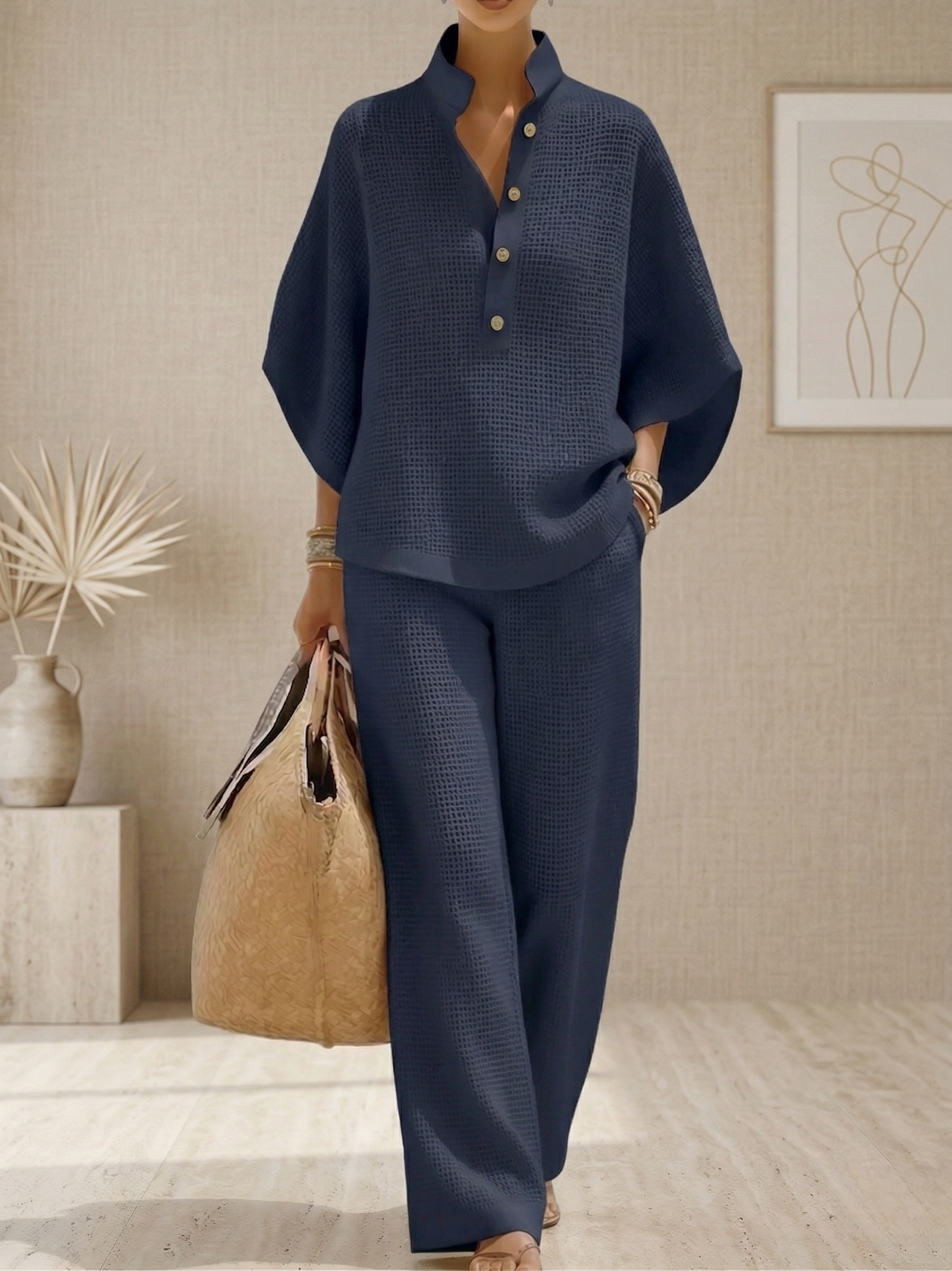 🔥 Nouveauté – Ensemble 2 pièces gaufré, chemise décontractée + pantalon large