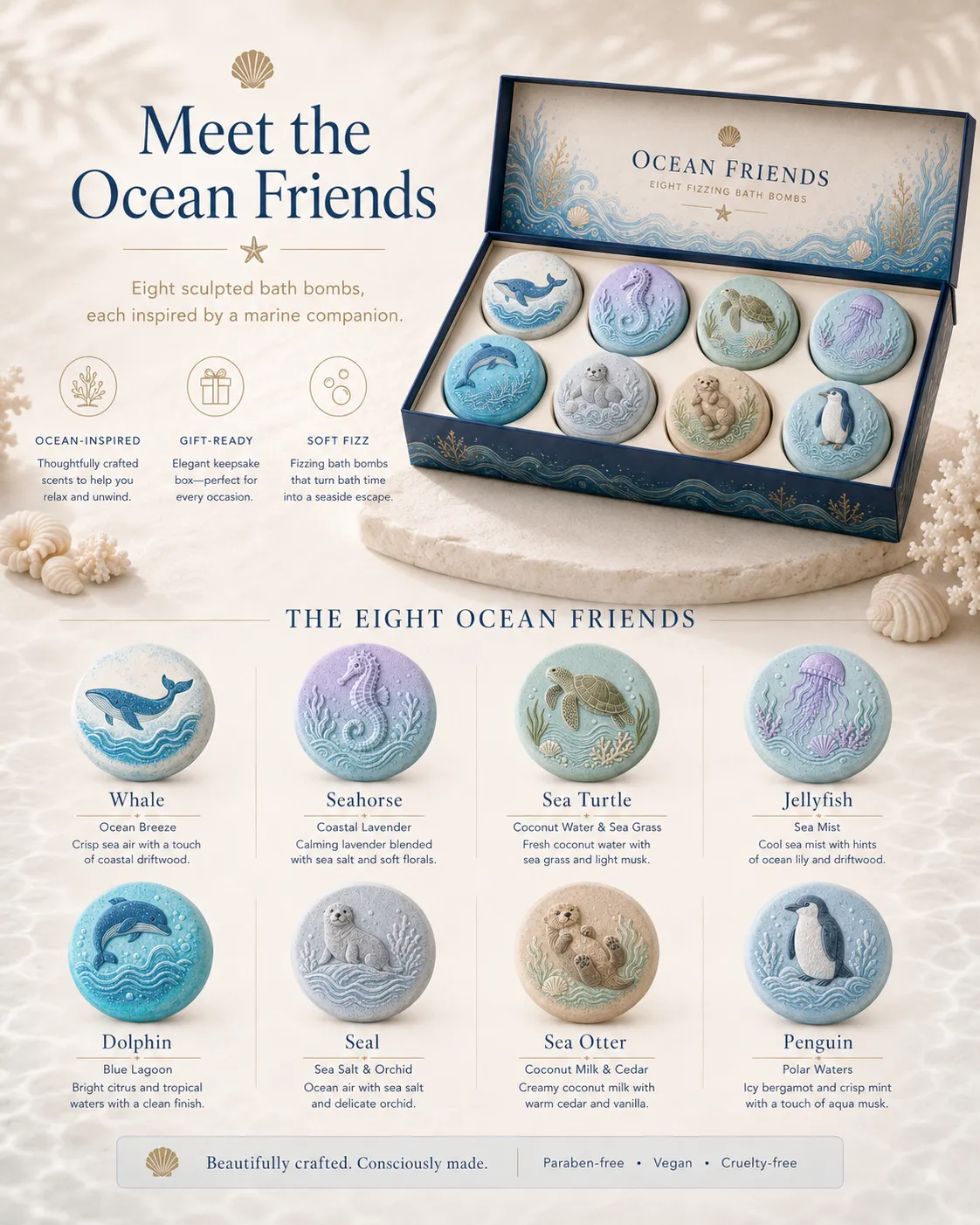 Coffret cadeau bombes de bain Océan Amis – 8 bombes effervescentes animaux marins, pour petits et grands