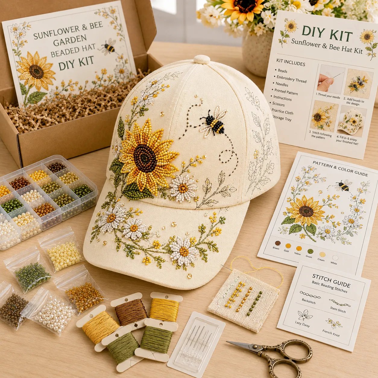 🧢🌸 Kit DIY Chapeau de Jardin Colibri Premium | Toile luxe, perles anti-rayures indécolorables🌿🪡✨