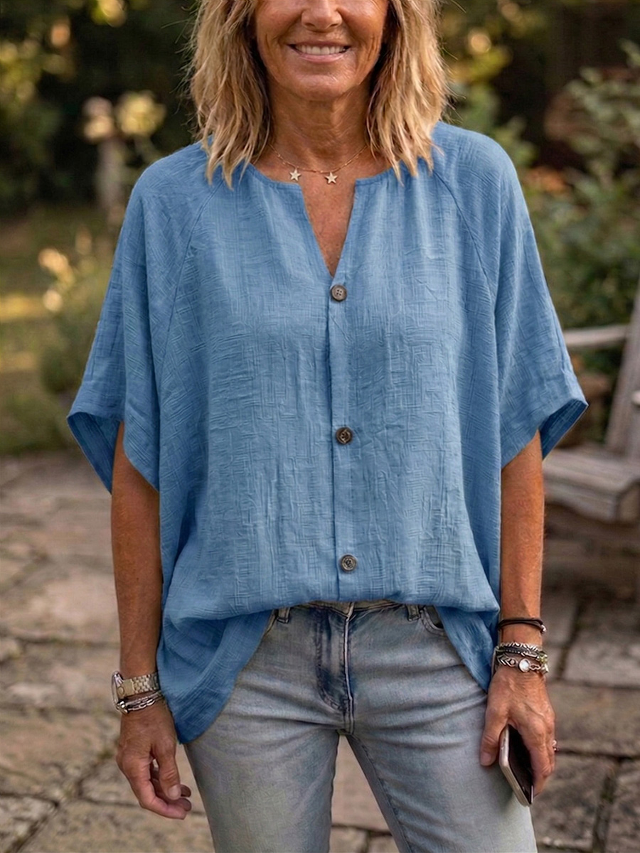 Nouveautés🔥 Blouse femme en coton lin à col Claudine et manches chauve-souris